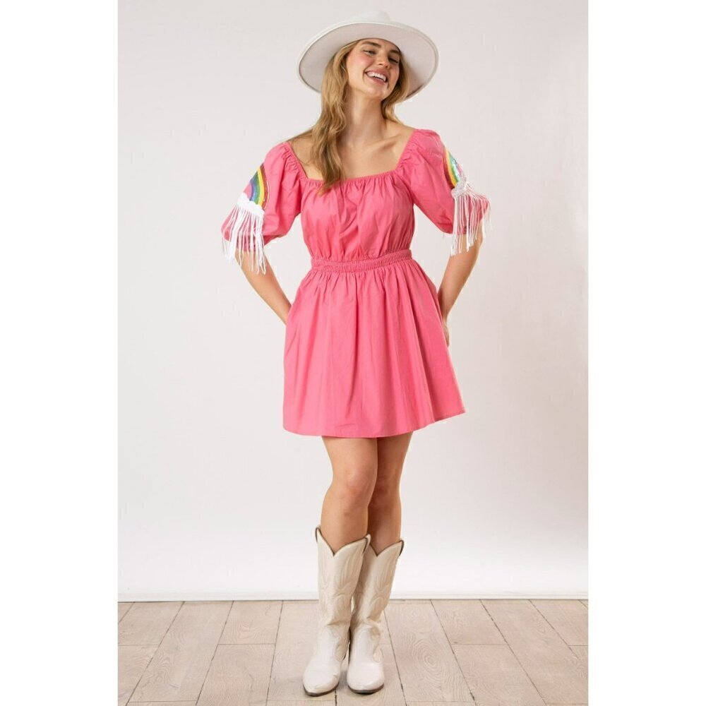 Happiest Day Ever Rainbow Sequin Sleeve Dress in Dark Coral - Picture 9 of 10